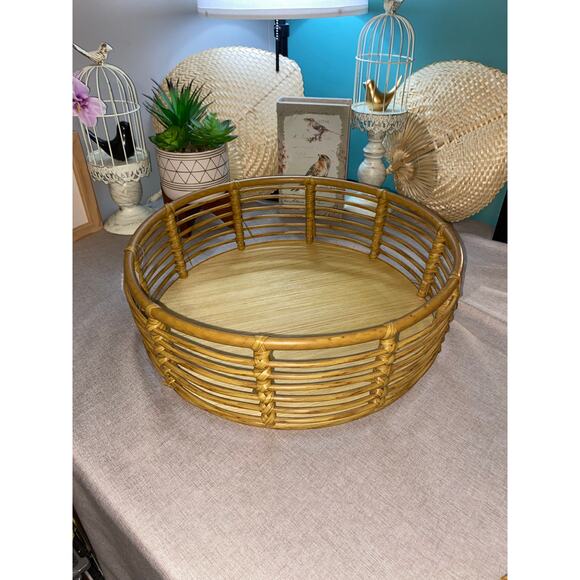 Large Round Ratten Wooden Trays Lot of 2 New with Partial Tag Boho Decor - Picture 3 of 6